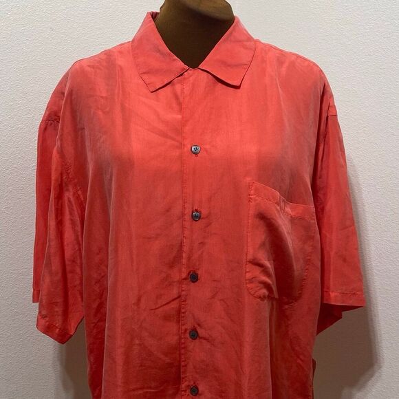 Perry Ellis 100% Silk Shirt Orange Short Sleeve Collared Button Down Men Large - Picture 2 of 8
